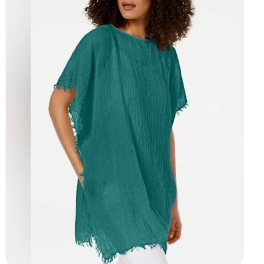 Eileen Fisher Teal Organic Cotton Gauze Poncho Tunic Top with Fringe Detail